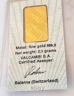 Credit Suisse Ingot 2.5 Grams Fine Gold With Assay Cerfificate # 243362