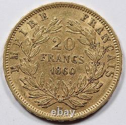 FRANCE 1860 BB Napoléon III 20 FRANCS 6.45 Gram GOLD Coin XF 0.1867 AGW KM 781.2