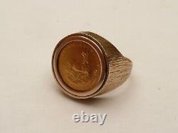 Fab Mens Solid 9ct Gold 22k 1/10th Krugerrand Coin Ring Size S 19.15mm 8.3 Grams