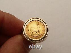 Fab Mens Solid 9ct Gold 22k 1/10th Krugerrand Coin Ring Size S 19.15mm 8.3 Grams