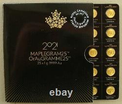 Full Sheet of (25) 2021 Canada 1 Gram Gold Maple Leaf Coins From Maplegram Sheet