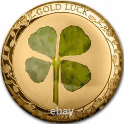 GOLD LUCK 1 gram 24k Gold Proof Coin with REAL 4 LEAF CLOVER 2022 Palau $1