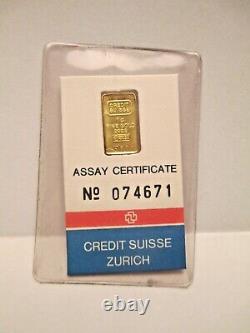 Gold Bar Mini 1 Gram CREDIT SUISSE No 074671 Fine Gold 999.9 Switzerland 1982