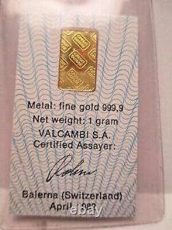 Gold Bar Mini 1 Gram CREDIT SUISSE No 074671 Fine Gold 999.9 Switzerland 1982