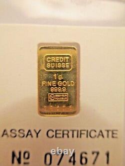 Gold Bar Mini 1 Gram CREDIT SUISSE No 074671 Fine Gold 999.9 Switzerland 1982