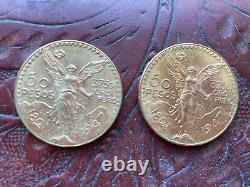 Gold Uncirculated 1947 Mexico 50 Pesos Two Coins 37.5 Grams Oro Puro Each