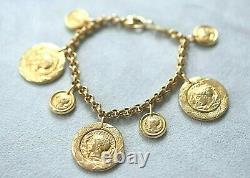 Gorgeous! Vintage 14K Gold ITALY 20 Gram Roman Coin Charm Lobster Clasp Bracelet