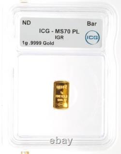 ICG Graded Certified MS70 PL IGR 1 Gram. 9999 Fine Gold Bar Round Bullion