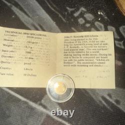 John F. Kennedy Half Gram $10 Liberia Gold Coin Certified Key Of Authenticity