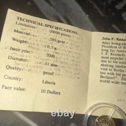 John F. Kennedy Half Gram $10 Liberia Gold Coin Certified Key Of Authenticity