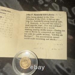 John F. Kennedy Half Gram $10 Liberia Gold Coin Certified Key Of Authenticity