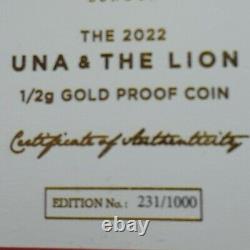 LIMITED! GOLD PROOF St. Helena Una and the Lion. 5gram #231/1000