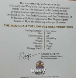 LIMITED! GOLD PROOF St. Helena Una and the Lion. 5gram #231/1000