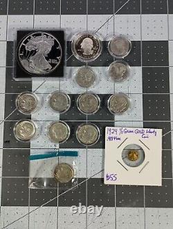 LOT 14 Vintage SILVER & GOLD COINS Mercury Dimes 2+ Oz SILVER 1/2 Gram GOLD +