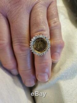 Ladies Dos Pesos Coin Ring With Diamonds In 14 K Yellow Gold Weights 13.4 Grams