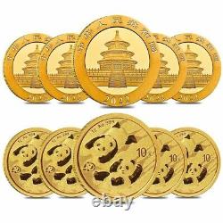 Lot of 10 2022 1 gram Chinese Gold Panda 40th Ann Privy 10 Yuan. 999 Fine BU