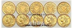 Lot of 10 Pre-1933 Swiss HELVETIA 20 Franc Gold Coins BU Brilliant Uncirculated