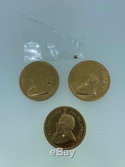 Lot of 3 1oz 22k Gold Assorted Year Drilled Krugerrand Coins 101.7 Grams