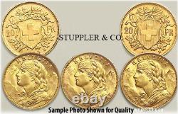 Lot of 5 Swiss Post 1933 Gold 20 Francs Helvetia Brilliant Uncirculated coins