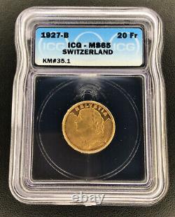 MS 65 1927 B Switzerland Gold 20 Francs ICG MS65 Investment Grade Slab