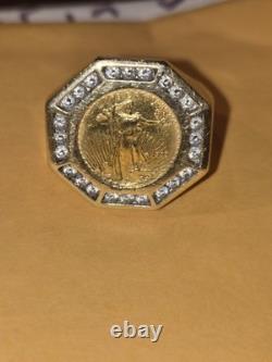 Men's 14k $5 Gold Coin Ring with Genuine Diamond Accents 21 grams