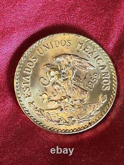 Mexican gold coin 1959, uncirculated, 15 grams of pure gold, veinte 20 pesos
