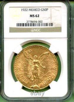 Mexico 1922 Gold 41.6666 Gram Ngc Ms 62 1.2056 Oz 50 Peso
