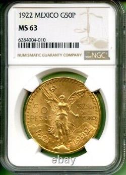 Mexico 1922 Gold 41.6666 Gram Ngc Ms 63 1.2056 Oz 50 Peso
