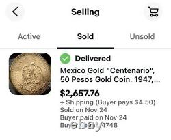 Mexico Gold Centenario, 50 Pesos Gold Coin, 1947, 37.5 Grams Pure Gold