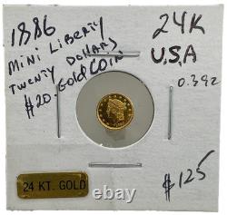 Miniature 1886 $20 Liberty Head 24Kt Gold 9mm 0.3 grams Novelty Token-Coin