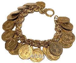 Miriam Haskell Vintage Roman Coin Gold Tone Heavy Dangle Clasp Bracelet 183 Gram