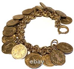 Miriam Haskell Vintage Roman Coin Gold Tone Heavy Dangle Clasp Bracelet 183 Gram