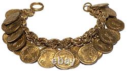 Miriam Haskell Vintage Roman Coin Gold Tone Heavy Dangle Clasp Bracelet 183 Gram