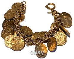 Miriam Haskell Vintage Roman Coin Gold Tone Heavy Dangle Clasp Bracelet 183 Gram