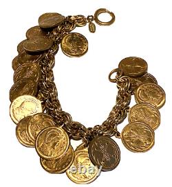 Miriam Haskell Vintage Roman Coin Gold Tone Heavy Dangle Clasp Bracelet 183 Gram