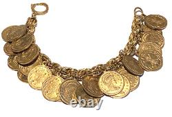 Miriam Haskell Vintage Roman Coin Gold Tone Heavy Dangle Clasp Bracelet 183 Gram