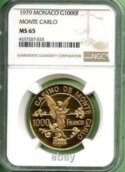 Monaco 1979 Gold 1000f Ngc Ms 65 Monte Carlo 16 Gram 0.2572 Oz
