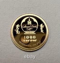 Mongolia 1000 Togrog Gold Coin 0.5g. 9999 Snake Proof with COA Low Mintage 5000