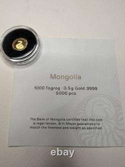 Mongolia 1000 Togrog Gold Coin 0.5g. 9999 Snake Proof with COA Low Mintage 5000