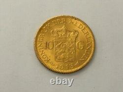 Netherlands 1913 10 Gulden Wilhelmina Gold Coin 4.3 DWT 6.7 Grams