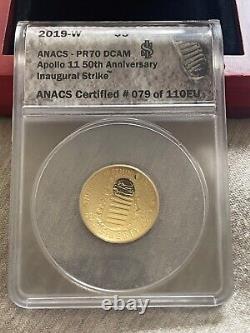PR70, 2019 Apollo 11 50th Anniversary GOLD Proof $5 1/4 oz Coin, Curved, Box COA
