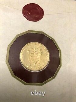 Panama 8.16 Grams Proof. 2361 Oz. 999 Fine Gold 100 Balboas Discovered Pacific