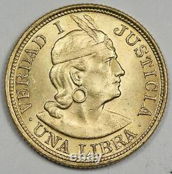 Peru 1917 1 Libra 7.98 Gram Gold Coin Choice BU Fr-73 KM#207