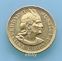 Peru Peruvian 1919 Una 1 Libra 8 Gram Gold Coin Peruana