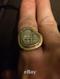 Pirate Ring Heavy 14 Kt Gold With Spanish Silver Coin Size 7.25 16.8 Grams