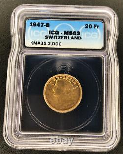 RARE! MS 63 DDO 1947 B Switzerland Gold 20 Francs ICG MS63 DDO -Rare Example