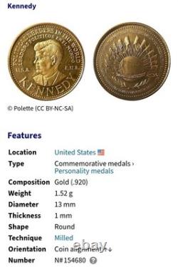 RARE Paris Mint JFK Political World Leaders Gold Coin 1.5g. 920 Kennedy Medal