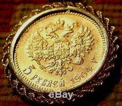 Rare Antique 1904 Gold Russian Coin In Bezel 5 Roubles Pendant 5.92 Grams Russia