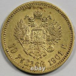 Russia 1901 FZ (O3) 10 Rouble 8.6 Gram Gold Coin XF/AU Nicholas II Y# 64