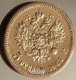 Russian 5 Rube 1901 Zer Nikolaus II 4,30 Grams 900 Gold UNC